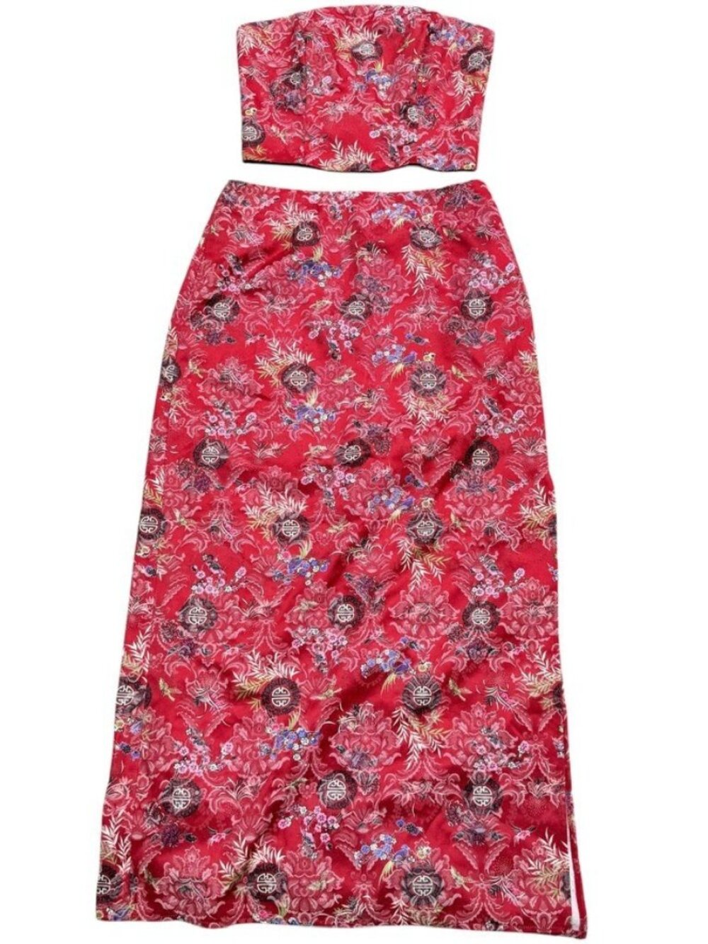 Vintage 1990s Y2K Womens Red Chinese Floral Pattern Corset Crop Top Skirt Set L